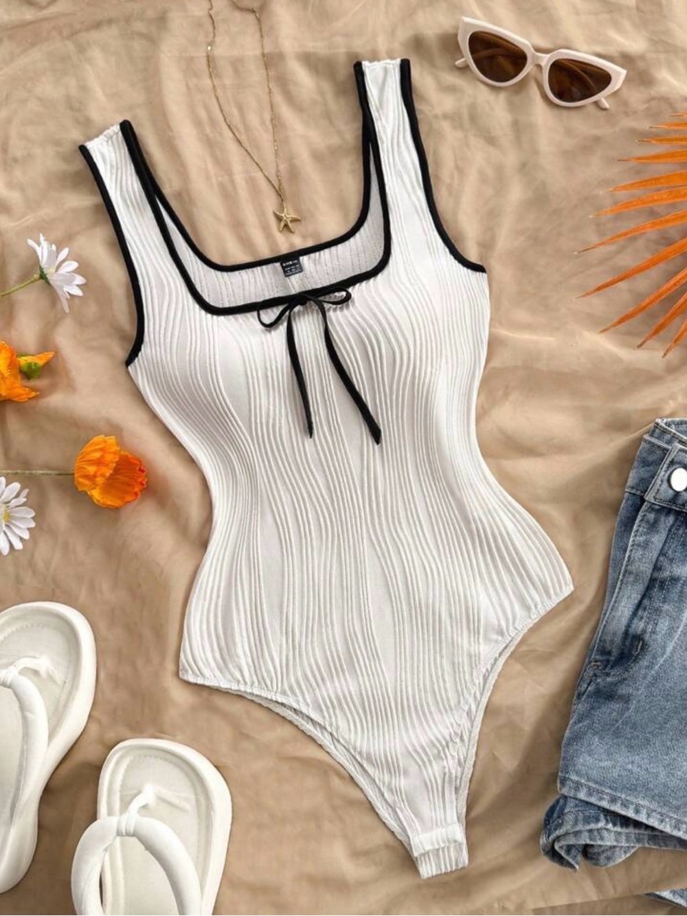 SHEIN White Ribbed Tank One-Piece with Black Trim